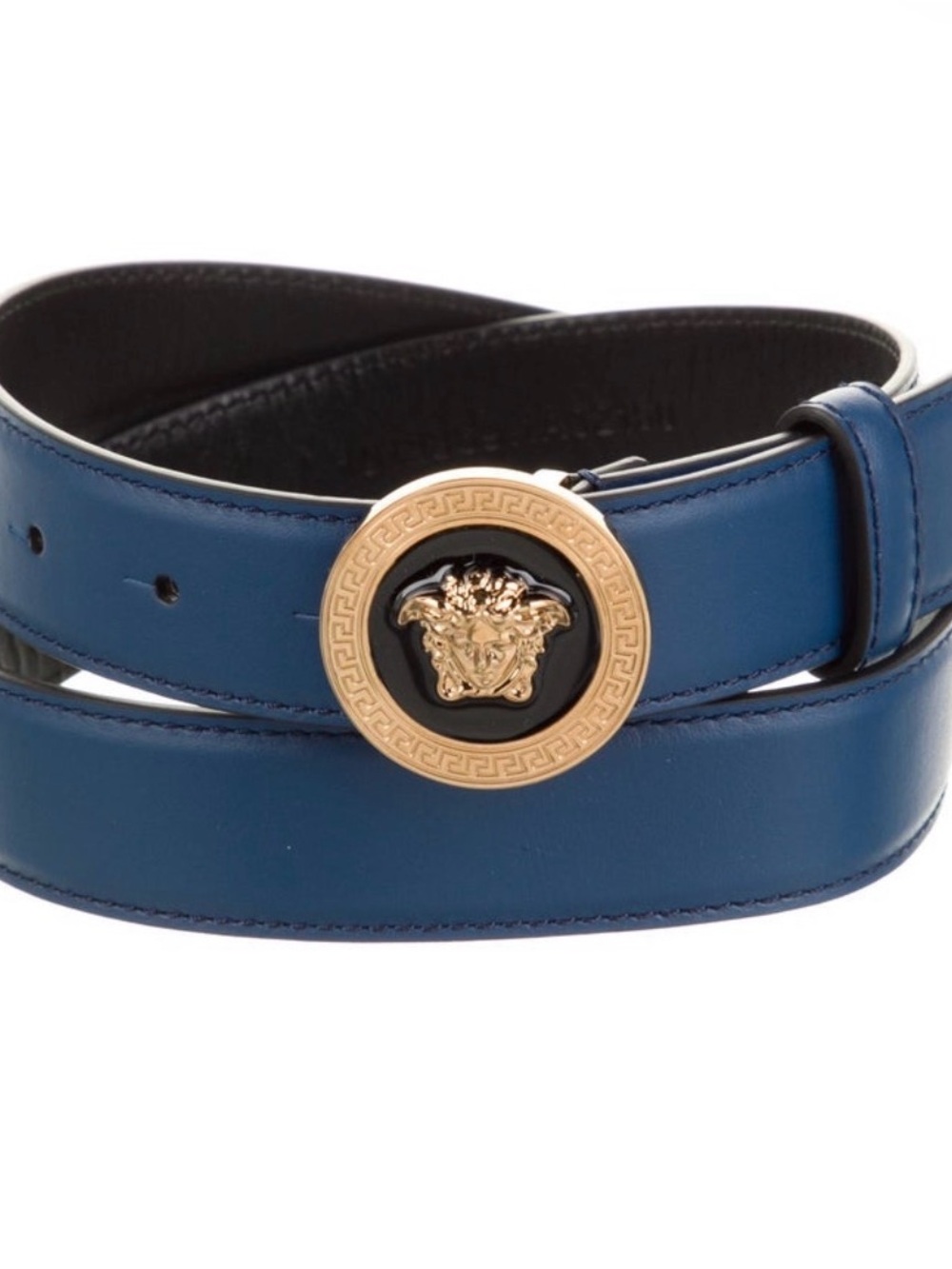 Versace Navy Blue Leather Belt with Gold Medusa Disc